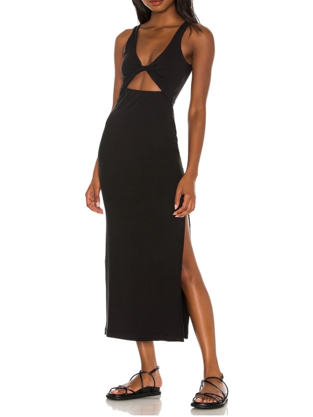 l*space Black Ribbed Cutout Midi Dress with Side Slit Detail